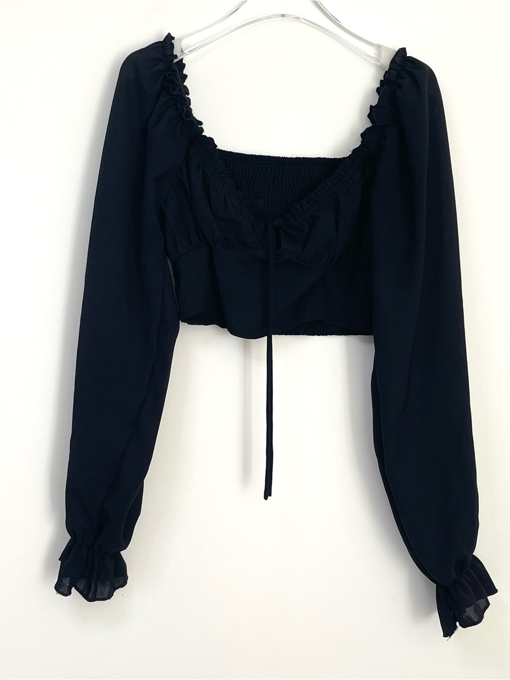 SHEIN Black Long-Sleeve Smocked back milkmaid-style crop top size M